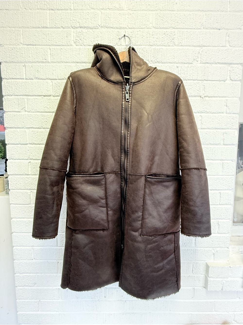 FRYE AND CO. Hooded Faux Shearling Zip-Front Coat in Dark Brown